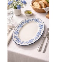 Acar Vintage Garden Mavi Çiçek Desenli Beyaz Porselen Oval Tabak 25x18 cm