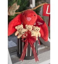 SOLE Premium Özel Hediye Kutusunda 45 cm Mercan Bunny Tavşan ve 5 Adet Krem Peluş Ayıcık Buketi (Kırmızı)