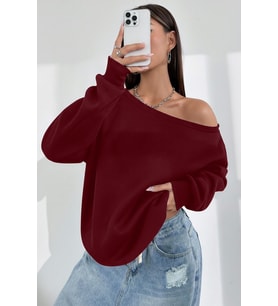 Ghassy Co. Kadın Kayık Yaka %100 Cotton 3 İplik Şardonlu Termal Kışlık Spor Üst Model Sweatshirt (Bordo)