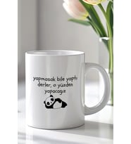 Motivasyon Yazılı Panda Desenli 330ml Baskılı Beyaz Seramik Kupa Bardak