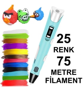 MAVİ 3D Kalem Yazıcı+25 renk 75 metre (25x3metre) PLA Filament
