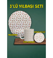 Yılbaşı Temalı 3'lü Bilek Destekli Mousepad Kupa Ve Bardak Altlığı Seti