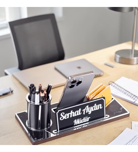 Lora Gümüş Renk Ahşap Masa Organizeri Mermer Desenli Hediye Ofis Dekoratif Masa üstü İsimlik