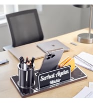 Lora Gümüş Renk Ahşap Masa Organizeri Mermer Desenli Hediye Ofis Dekoratif Masa üstü İsimlik