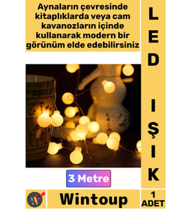 #Led Dekoratif Aydınlatma Şerit Işık Süsleme 3 Metre Şık Beyaz Top Gün Işığı Pilli 2 Kademeli 20 Led