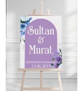 Söz Nişan Düğün İçin 50x70 Karşılama Panosu - Mor ve Mavi Çiçekli