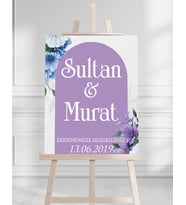 Söz Nişan Düğün İçin 50x70 Karşılama Panosu - Mor ve Mavi Çiçekli
