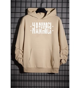 Hanımcı Yazılı Katlamalı Sweatshirt (Bej)