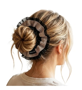 Woodycord El Yapımı Hacimli Scrunchie Topuz Tokası  Ekoseli Fırfırlı Tasarım