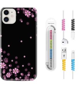 Apple iPhone 11 12 13 Mini Kılıf Kablo Koruma Spiral Silikon Black flowers 1391
