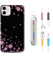Apple iPhone 11 12 13 Mini Kılıf Kablo Koruma Spiral Silikon Black flowers 1391