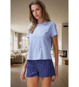 Kadın Rahat Pamuklu Pijama Takımı Yıldız Desenli Şortlu Yazlık Trend Tasarım Seçkin Malzeme (Mavi)