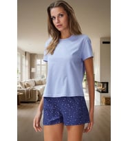 Kadın Rahat Pamuklu Pijama Takımı Yıldız Desenli Şortlu Yazlık Trend Tasarım Seçkin Malzeme (Mavi)