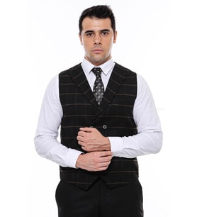 Kruvaze Yakalı Kareli Desenli Siyah Erkek Yelek - Wessi