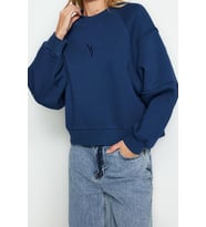 Tarz Regular Bisiklet Yaka Düşük Kol Crop Fit Nakışlı Kalın İçi Polarlı Örme Sweatshirt