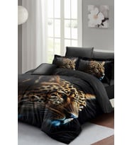 Leopar Lastikli Çarşaflı %100 Pamuk Saten Çift Kişilik Nevresim Takımı Leopard Face