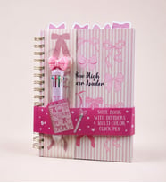 Pembe Fiyonk Temalı 4 Bölmeli Çizgili Defter & 10 Renkli Tükenmez Kalem Kırtasiye Seti