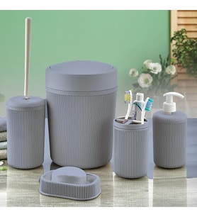 Banyo Seti, Çöp Kovası, Sıvı Sabunluk, Diş Fırçalık, Sabunluk ve Tuvalet Fırçası, 5 Parça (Antrasit Gri)