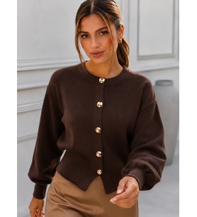Kadın Gold Metal Düğmeli Triko Hırka Balon Kol Crop Premium Ceket 12525