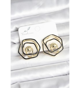 Pirinç Gold Renk Siyah Mineli Geometrik Gül Model Kadın Küpe