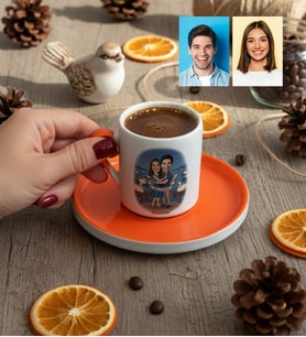 Kişiye Özel Karikatürlü Kuğular ve Aşıklar Türk Kahvesi Fincanı Sevgililer Günü Hediyesi