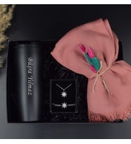 Yavruağzı Pembe Renk Şal, Siyah Termos & Yıldız Kolye Bileklik Hediye Seti
