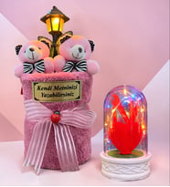 Size Özel Sokak Lambalı Peluş Ayıcık Buketi ve Renkli Işıklı Fanus (Model 6)