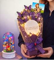 Size Özel Fotoğraflı Led Işıklı Aynalı Kelebek Buketi & Renkli Led Işıklı Fanuslu (Model 8)