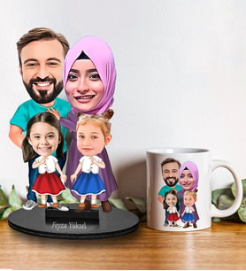 Kişiye Özel Aile Tasarımlı Karikatür Biblo Ve Kupa Hediye Seti 149