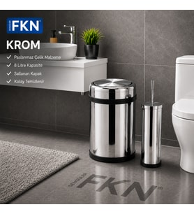 FKN Krom Banyo Çöp Kovası ve Klozet Fırçası Seti Paslanmaz Çelik 8 Litre