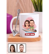 Sevgiliye Hediye Tekne Tasarım  Karikatürlü Ahşap Altlıklı Beyaz Kupa Bardak