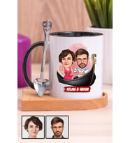 Çiftlere Özel Hediye Tek Taş Yüzük Temalı Karikatürlü Ahşap Altlıklı Siyah Kupa Bardak