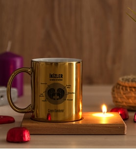Kişiye Özel İkizler Burcuna Hediye Ahşap Altlıklı Mumlu Gold Kupa