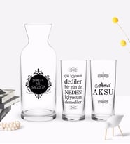 BK Gift Kişiye Özel Renkli Baskılı Çok İçiyorsun Dediler Tasarımlı İkili Rakı Bardağı ve Karaf Hediye Seti-1 (Model 1)