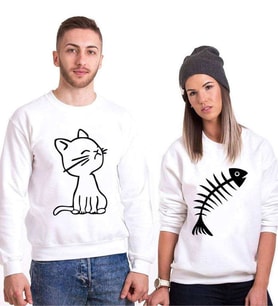Tshirthane Kedi Ve Balık Cat Fish Sevgili Kombinleri Sweatshirt Kombini (Tek Ürün Fiyatıdır.)