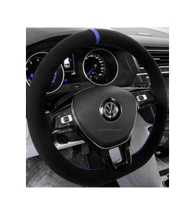 Vw Jetta MK5 Uyumlu Dikmeli Direksiyon Kılıfı Alkantara Mavi Yüzüklü