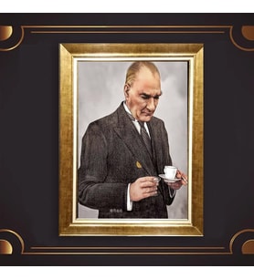 Altın Varaklı Çerçeveli Paspartulu Atatürk Tablo z4726 (Gold)