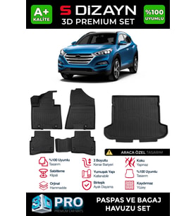 S-Dizayn Hyundai Tucson 3D Pro Havuzlu Paspas ve Bagaj Havuzu Seti (2'li SET) 2015-2021 A+ Kalite