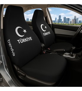 Türkiye Yazılı Oto Koltuk Kılıfı Takımı – Ay Yıldız Desenli Ön Arka Koltuk Koruyucu Penye Kumaş (Siyah)