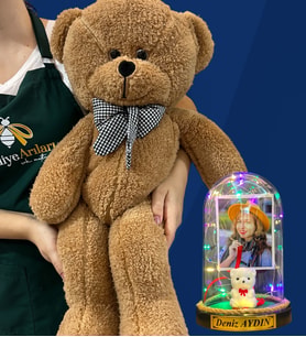 Kişiye Özel Renkli Led Işıklı Fanus ve Büyük Boy Kahverengi Peluş Ayıcık (Model 9)