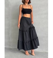 Fırfırlı brodeli astarlı uzun etek siyah s255047
