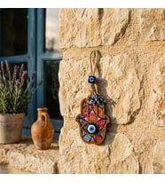 Nazar Boncuklu Fatıma Ana Eli Ahşap Desenli Hediyelik Duvar Süsü, 24 cm Hamsa (Çok Renkli)