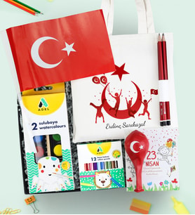 Çanta & Bayrak & Adel Sulu Boya & Kuru Boya & Balon & 4'lü Kurşun Kalem 23 Nisan Hediye Seti