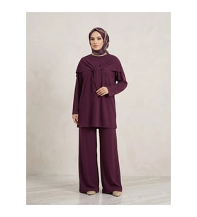 Pelerin Detay Pantolonlu Pike Takım-Bordo