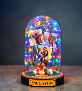 Kişiye Özel Renkli Led Işıklı Fanus 3 Fotoğraflı ve Size Özel Yazılı (Model 1)