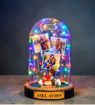 Kişiye Özel Renkli Led Işıklı Fanus 3 Fotoğraflı ve Size Özel Yazılı (Model 1)