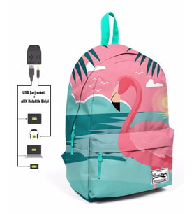 Coral High Yeşil Pembe Flamingo Desenli Sırt Çantası - Okul ve Günlük - USB+AUX Soketli