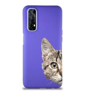 Realme 7 Soft Premier Kapak Catface Tasarımlı Silikon Kılıf - Mor (Şeffaf)