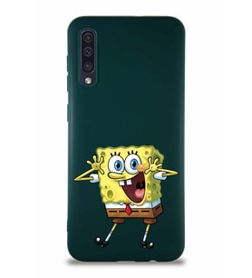 Samsung Galaxy A50 Soft Premier Kapak Sünger Bob Tasarımlı Silikon Kılıf - Yeşil (Şeffaf)