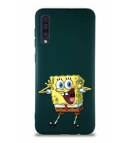 Samsung Galaxy A50 Soft Premier Kapak Sünger Bob Tasarımlı Silikon Kılıf - Yeşil (Şeffaf)